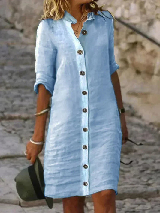 Vestido azul ligero de lino moderno y cómodo casual