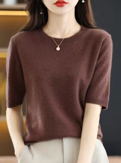 Jersey de manga corta para mujer: mezcla de lana y cachemira, elegante y cómodo