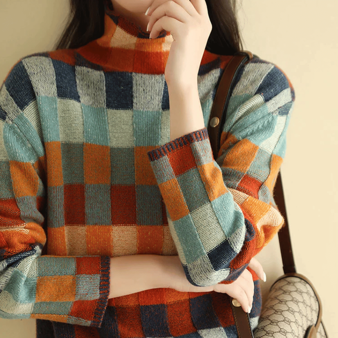 Jersey mujer patchwork cachemira cuello vuelto moderno y cómodo