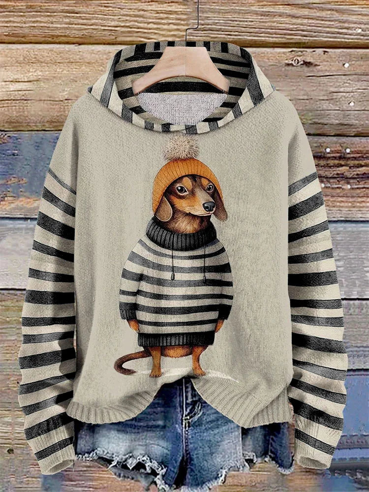 Cómoda sudadera con capucha para mujer: estampado de perro, suave y cálida para el invierno