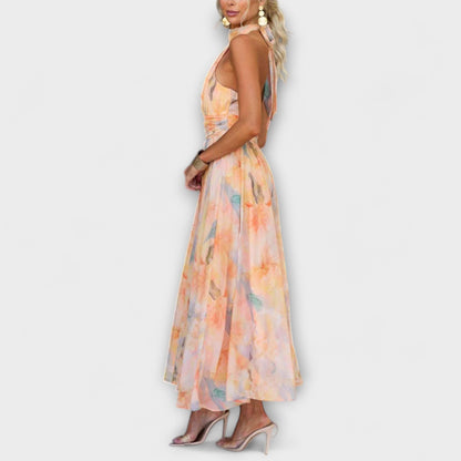 Evie | Maxivestido con cuello halter y estampado de acuarela
