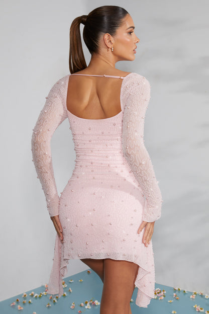 Vestido Mini Mujer – Encaje y Perlas, Escote Cuadrado y Espalda Descubierta