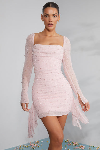 Vestido Mini Mujer – Encaje y Perlas, Escote Cuadrado y Espalda Descubierta