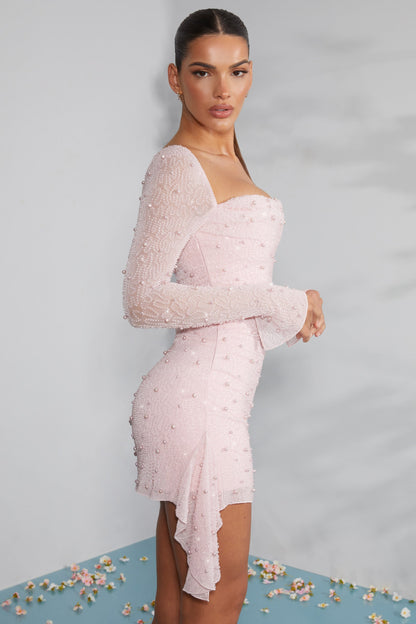 Vestido Mini Mujer – Encaje y Perlas, Escote Cuadrado y Espalda Descubierta