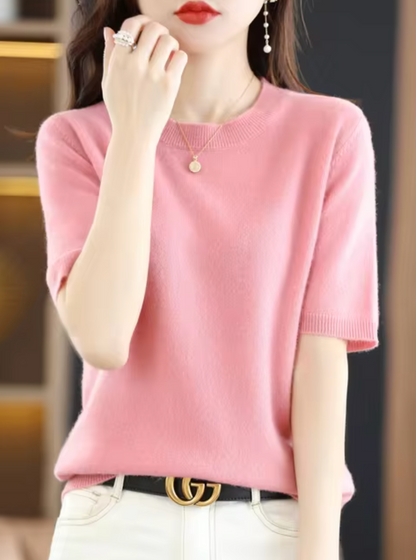 Jersey de manga corta para mujer: mezcla de lana y cachemira, elegante y cómodo