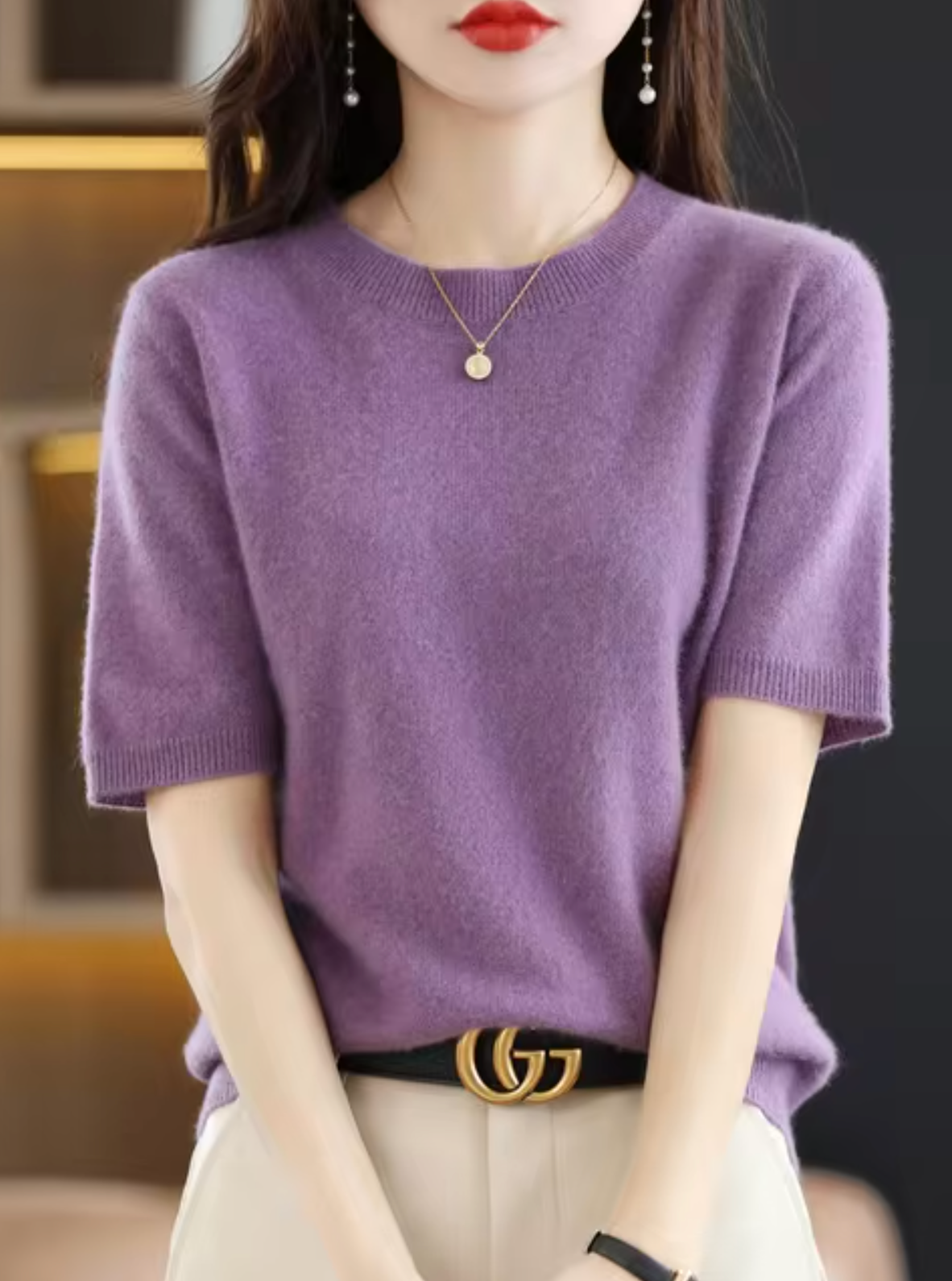 Jersey de manga corta para mujer: mezcla de lana y cachemira, elegante y cómodo