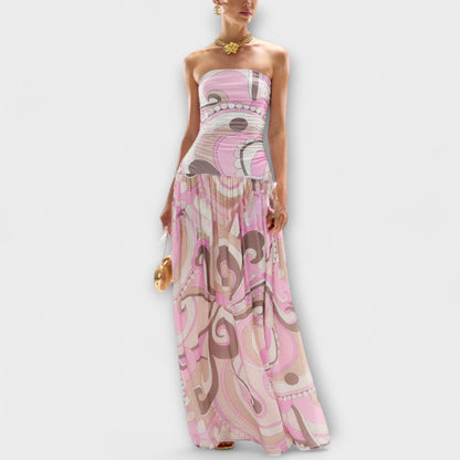 Daisy | Impresionante maxivestido de hombros al aire en tonos pastel