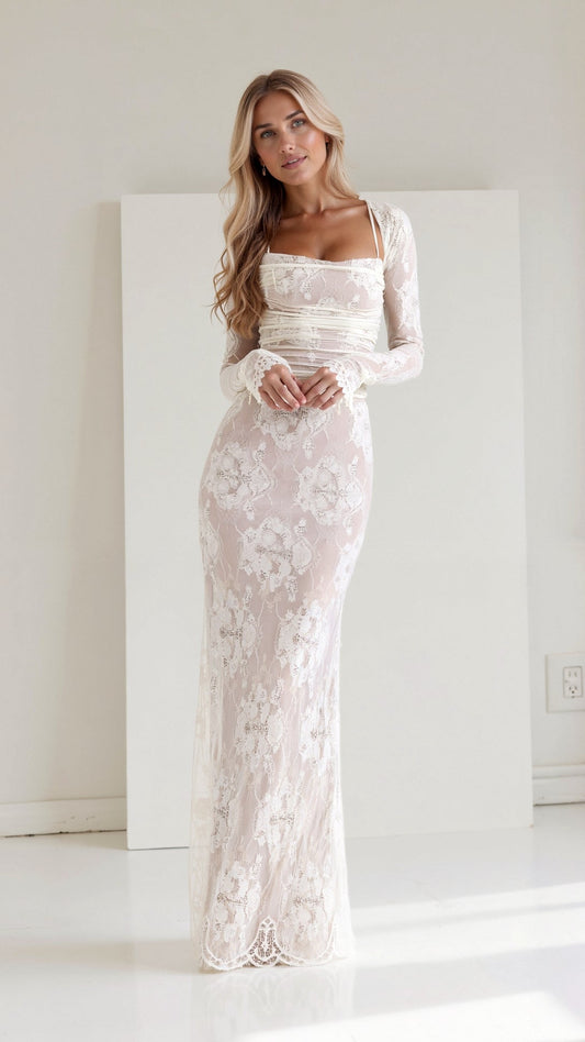Vestido elegante blanco largo escote cuadrado ideal otoño-invierno
