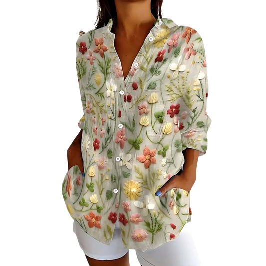 Blusa lino mujer bordada elegante y ligera casual diario