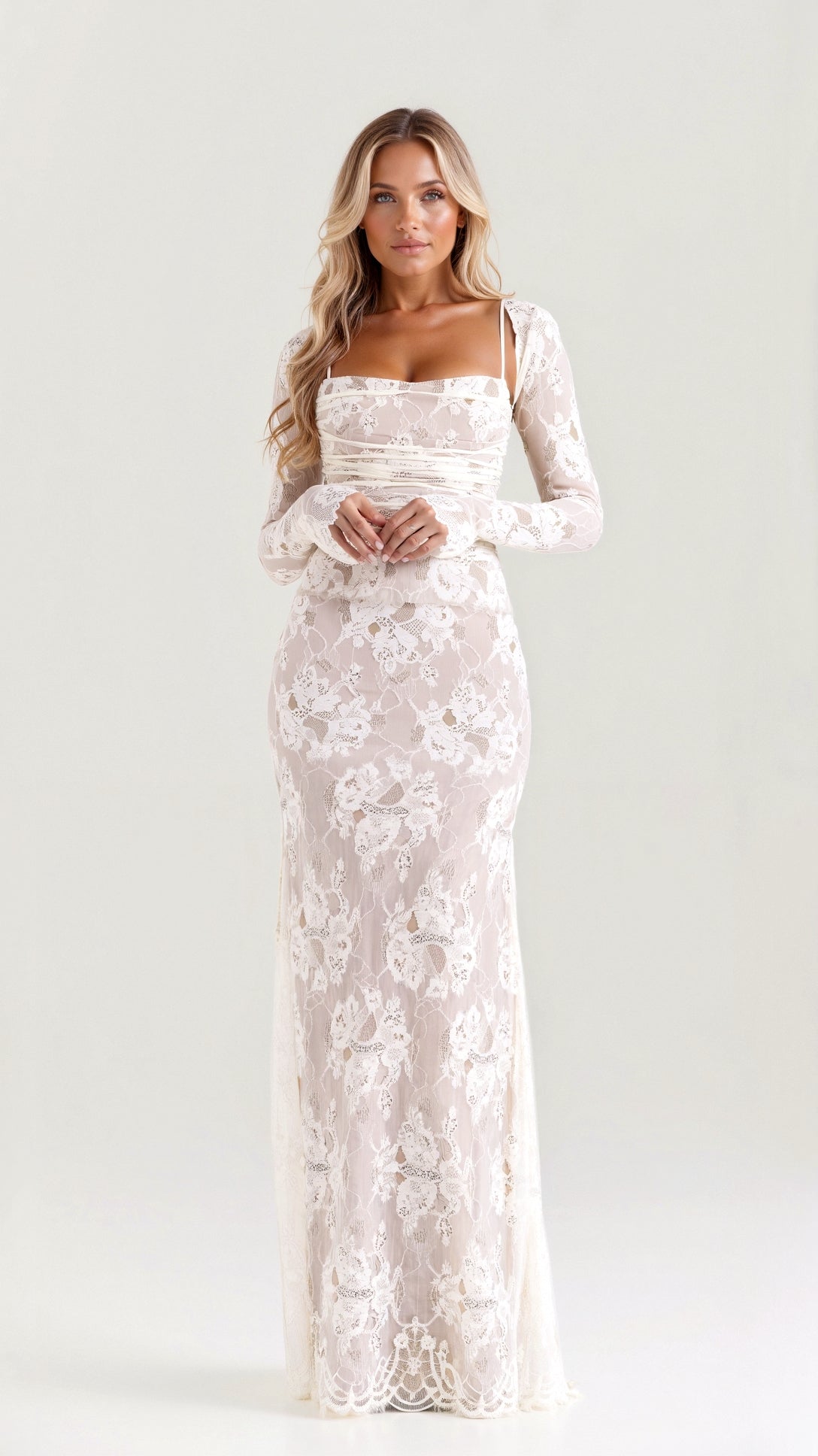 Vestido elegante blanco largo escote cuadrado ideal otoño-invierno