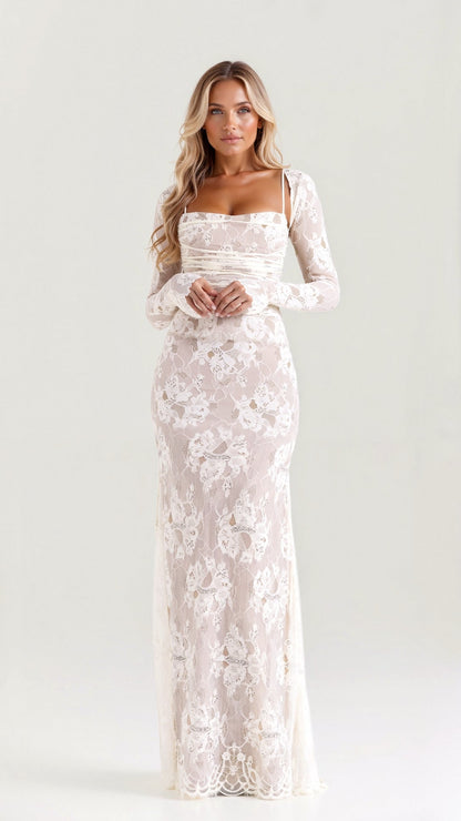 Vestido elegante blanco largo escote cuadrado ideal otoño-invierno