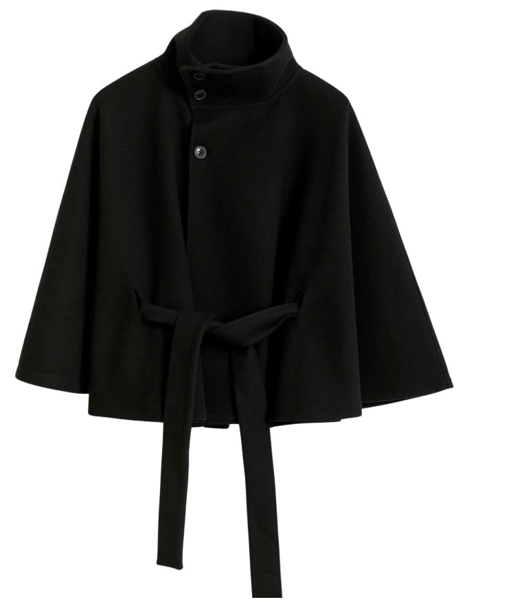Chaqueta Mujer – Capa Fluida, Cuello Alto y Cintura Marcada para Diario
