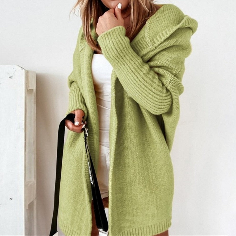 Chaqueta larga punto mujer con capucha elegante casual