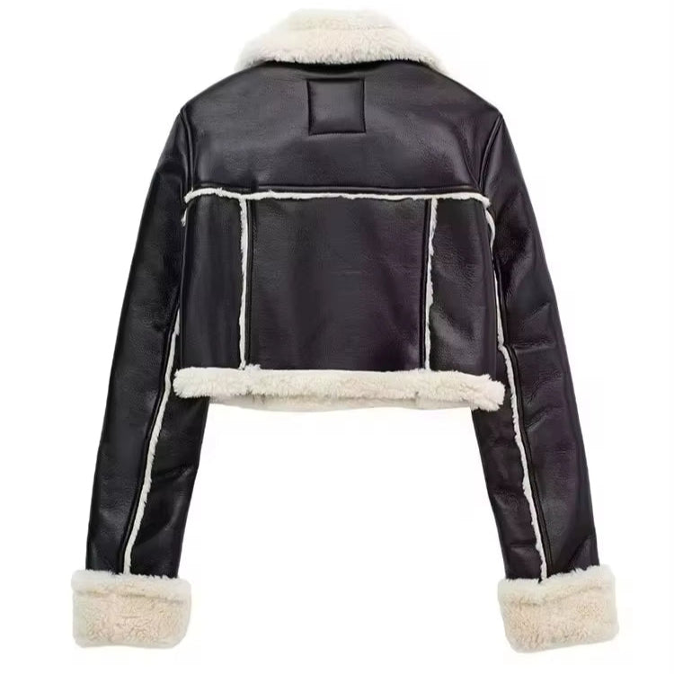 Chaqueta de cuero con forro de lana para mujer, cálida y elegante