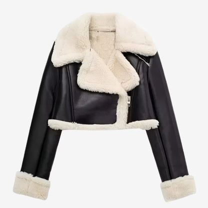 Chaqueta de cuero con forro de lana para mujer, cálida y elegante