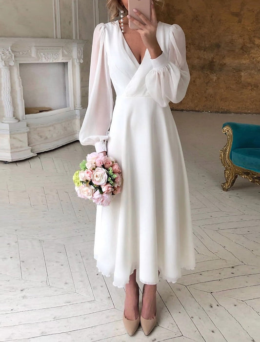 Vestido midi de novia manga larga ideal para otoño e invierno