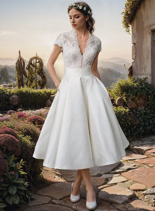 Vestido elegante blanco midi cuello en V para boda y eventos