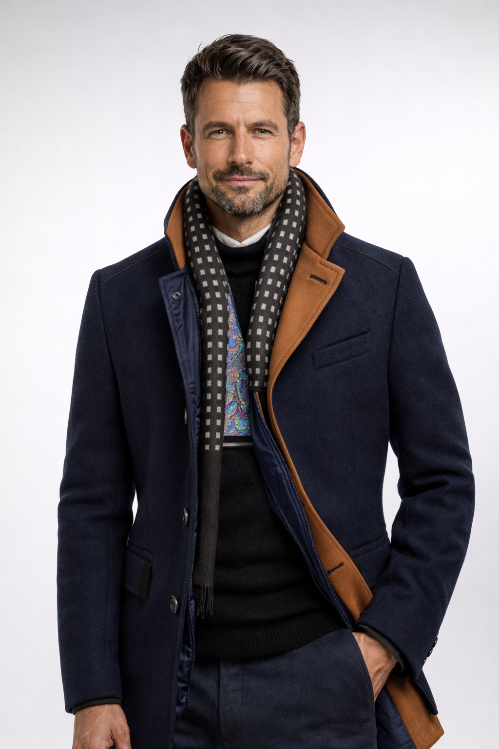 Abrigo de invierno para hombre, corte largo con cuello alto y botones clásicos, elegante para el frío clima urbano