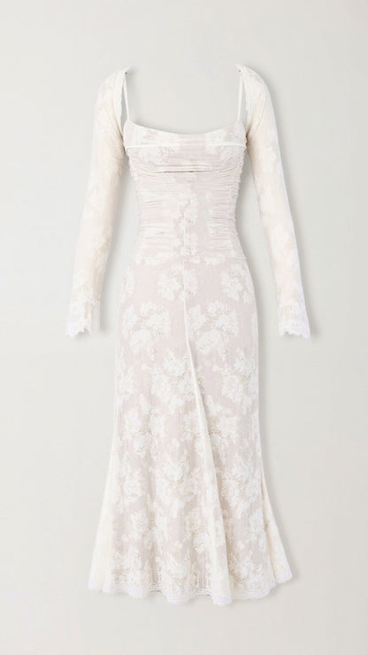 Vestido elegante blanco largo escote cuadrado ideal otoño-invierno