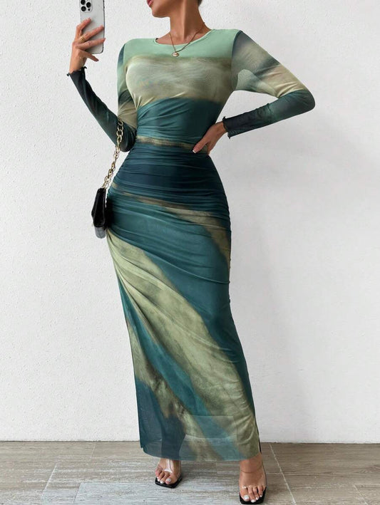 Vestido largo elegante estampado ajustado diario y formal otoño