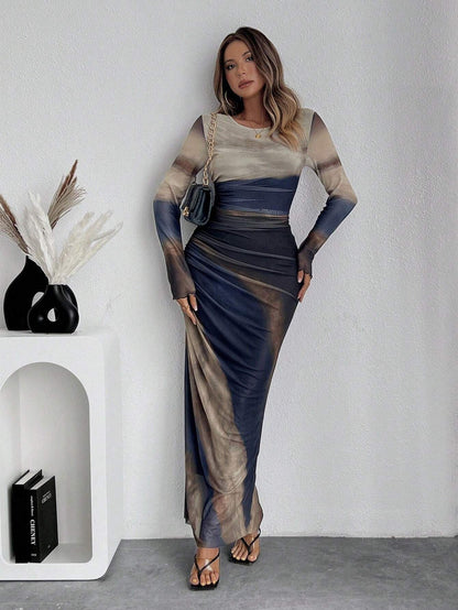 Vestido largo elegante estampado ajustado diario y formal otoño