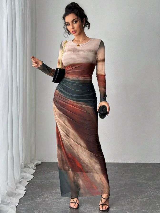 Vestido largo elegante estampado ajustado diario y formal otoño