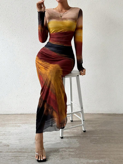 Vestido largo elegante estampado ajustado diario y formal otoño