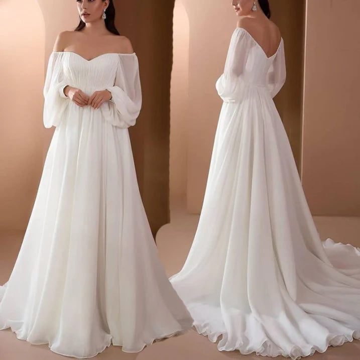 Vestido elegante blanco largo con abertura formal para ceremonia
