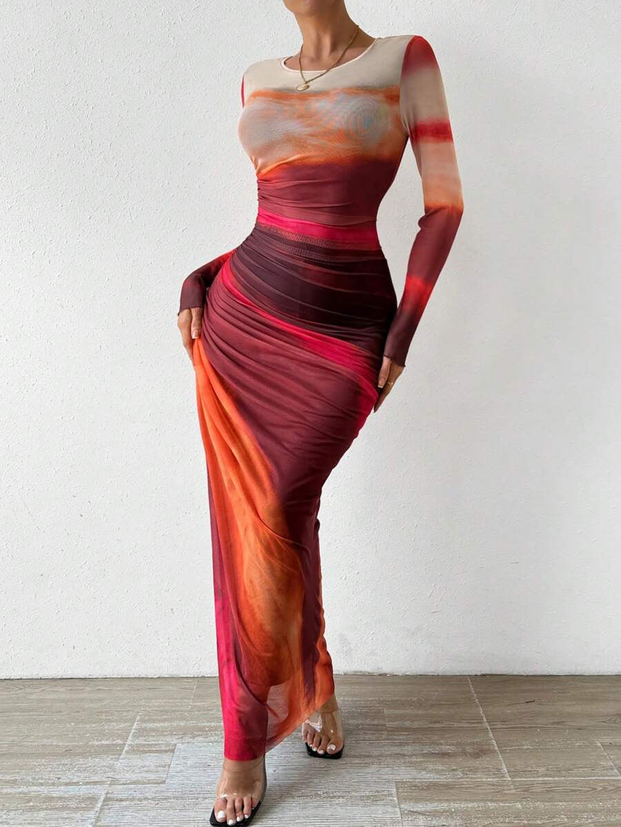 Vestido largo elegante estampado ajustado diario y formal otoño