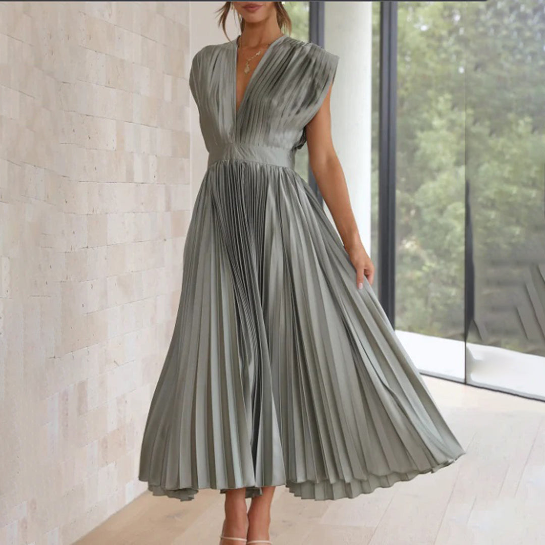 Lexi | Elegante vestido midi plisado con cuello en V