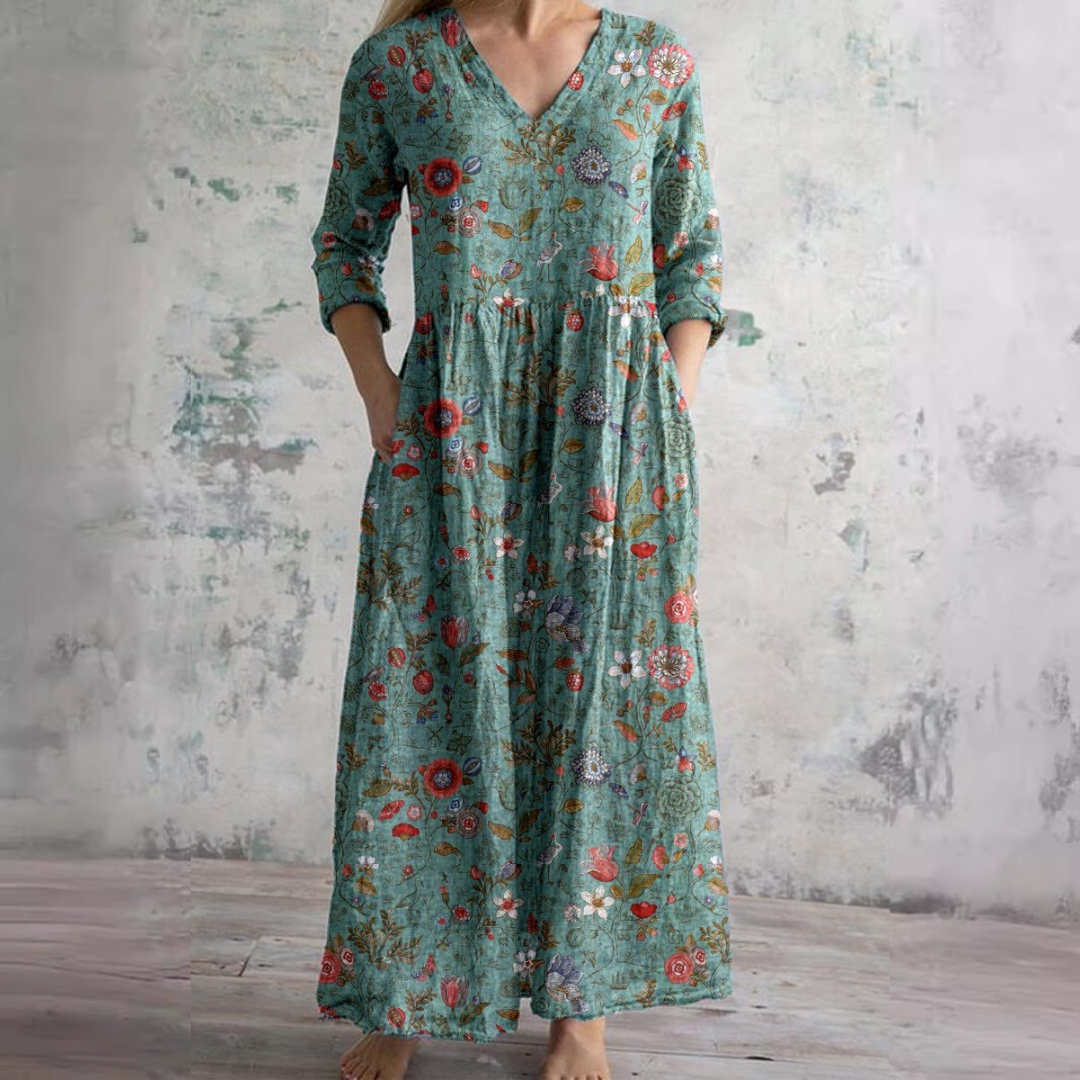 Vestido Mujer – Estilo Boho con Escote en V y Estampado Floral Moderno