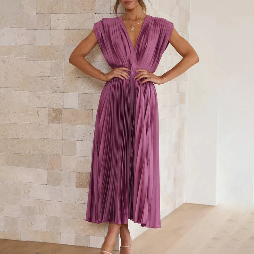 Lexi | Elegante vestido midi plisado con cuello en V