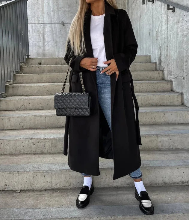 Chaqueta mujer ergonómica con cinturón, chic y confortable para diario