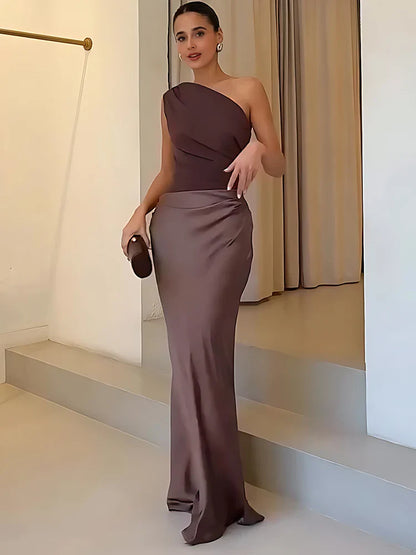 Vestido largo de satén con un hombro, elegante y chic para fiesta
