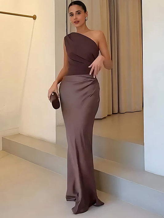 Vestido largo de satén con un hombro, elegante y chic para fiesta