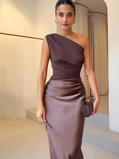Vestido largo de satén con un hombro, elegante y chic para fiesta