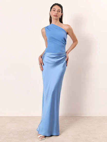 Vestido largo de satén con un hombro, elegante y chic para fiesta