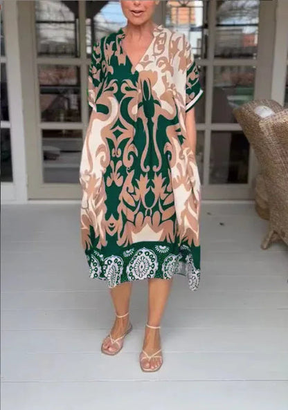 Amirah | Vestido midi estampado con cuello de pico y holgado