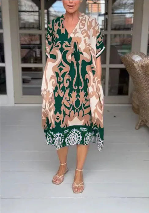 Amirah | Vestido midi estampado con cuello de pico y holgado