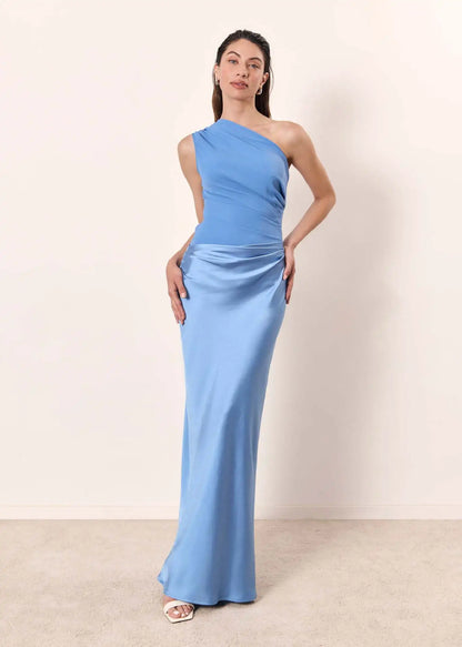 Vestido largo de satén con un hombro, elegante y chic para fiesta