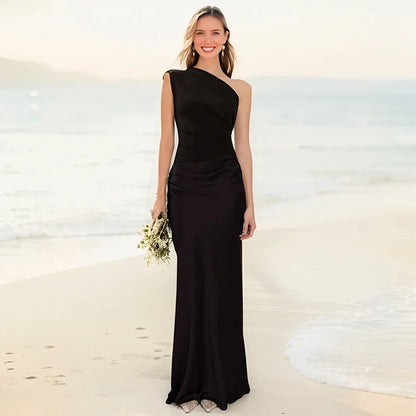 Vestido largo de satén con un hombro, elegante y chic para fiesta