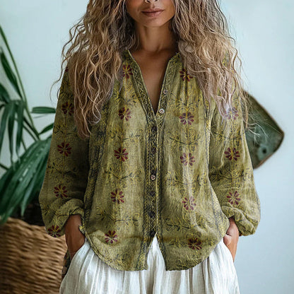 Blusa Vintage de Mujer con Estampado de Hojas – Elegante y Ligera