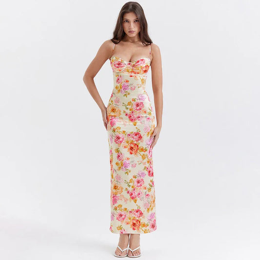 Vestido largo de satén floral, chic y confortable