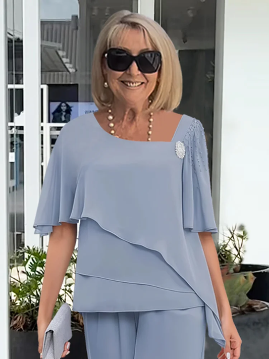 Conjunto de gasa para mujer con blusa en capas y pantalones fluidos, ligeros y elegantes