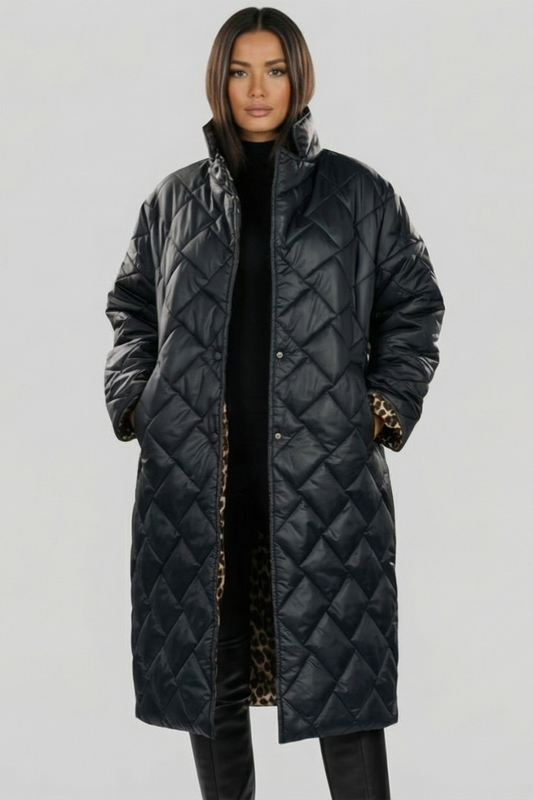 Abrigo acolchado de plumón para mujer con forro estampado de leopardo, cálido y elegante