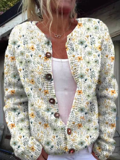 Cálida chaqueta de punto para mujer: estampado floral y cómoda.