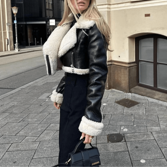 Chaqueta de cuero con forro de lana para mujer, cálida y elegante