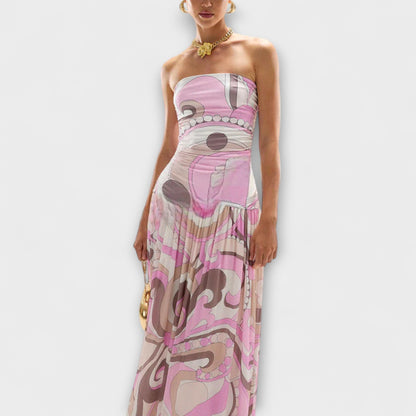 Daisy | Impresionante maxivestido de hombros al aire en tonos pastel