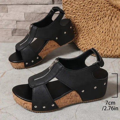 Joli | Elegantes sandalias retro con cuña y cremallera