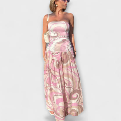 Daisy | Impresionante maxivestido de hombros al aire en tonos pastel